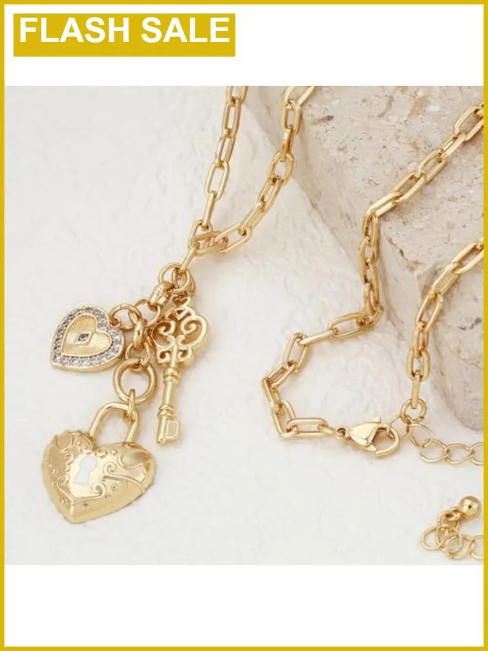 18K Gold Plated Heart Lock Key Pendant Necklace Paperclip Chain Choker